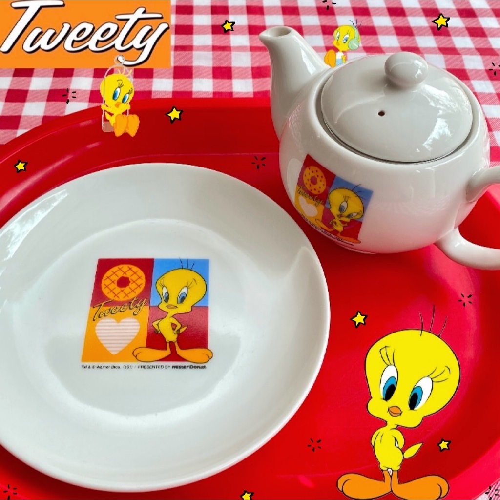 🐤เชตจานและกานํ้าเซรามิกสีขาวลาย Tweety 2 ชิ้น ของ Mister Donut