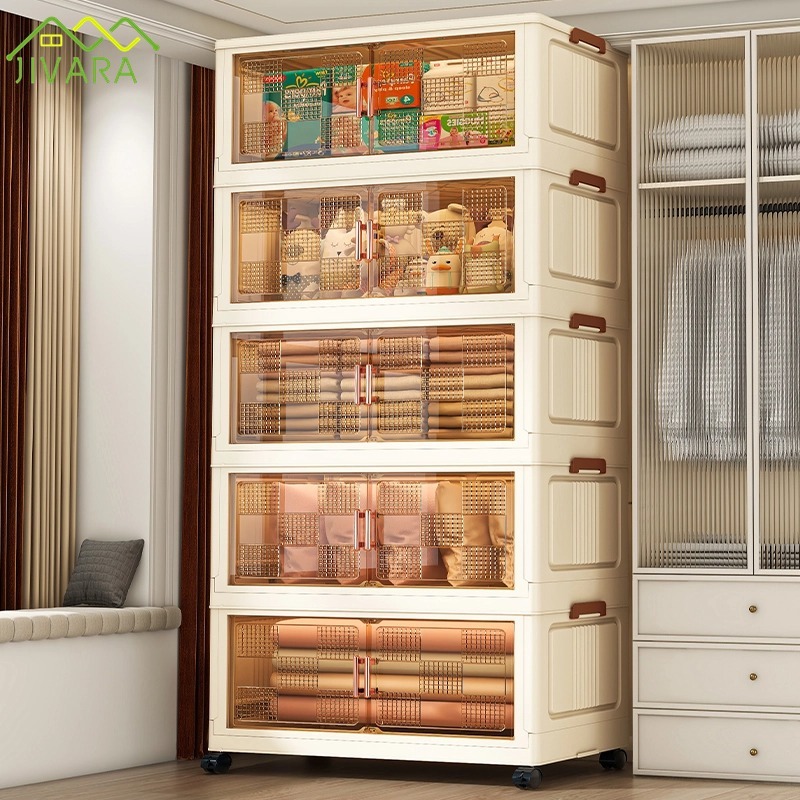 JIVARA ตู้อเนกประสงค์ ตู้เก็บของพับได้ ล้อหมุน 360°+ประตูแม่เหล็ก / ตู้เก็บของขนาดใหญ่ 4-6ชั้น | กัน