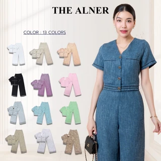 Thealner - Harmony Tweed AN237  (เซตทวิตแถบดำแต่งกระดุมดอกไม้ กางเกงขายาว)