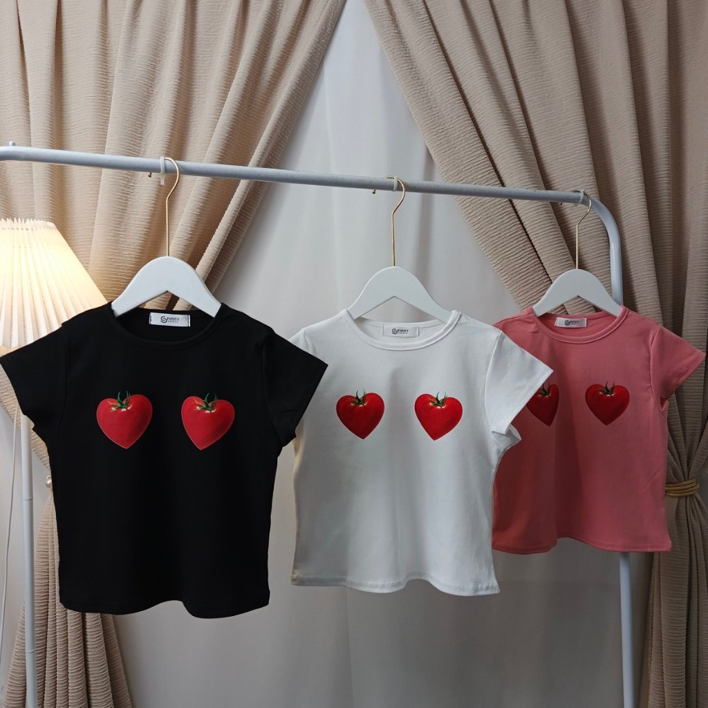 🌈SpinnyHouse🌈เสื้อครอปเบบี้ที BABYTEE สกรีนลายมะเขือเทศ สกรีนแน่นทรงแขนเต่อ สาวอวบใส่ได้ รุ่น เนสท์มะเขือเทศใจ