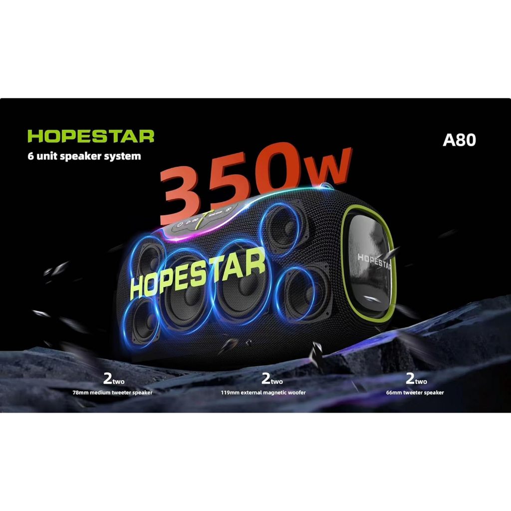 Hopestar A80 ลำโพงบลูทูธ 350วัตต์ พร้อมไมค์ลอย1อัน ลำโพง6ดอก มีไฟRGB ปรับเบส3โหมด  IPX6 ของแท้100%