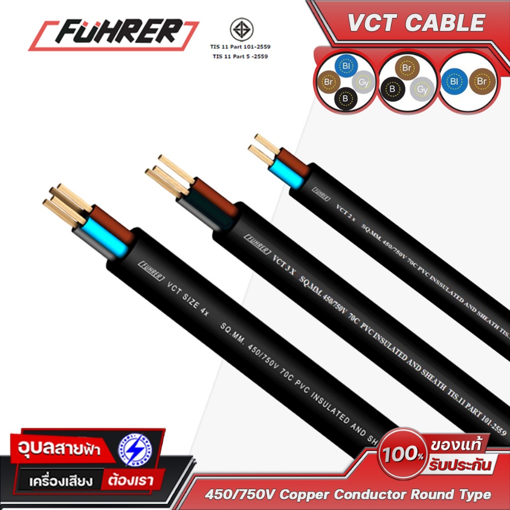 Fuhrer IEC52 VCT สายไฟวีซีที วัสดุอย่างดี นิ่มเก็บง่าย ทองแดงแท้ 300-500V High Voltage Power cable