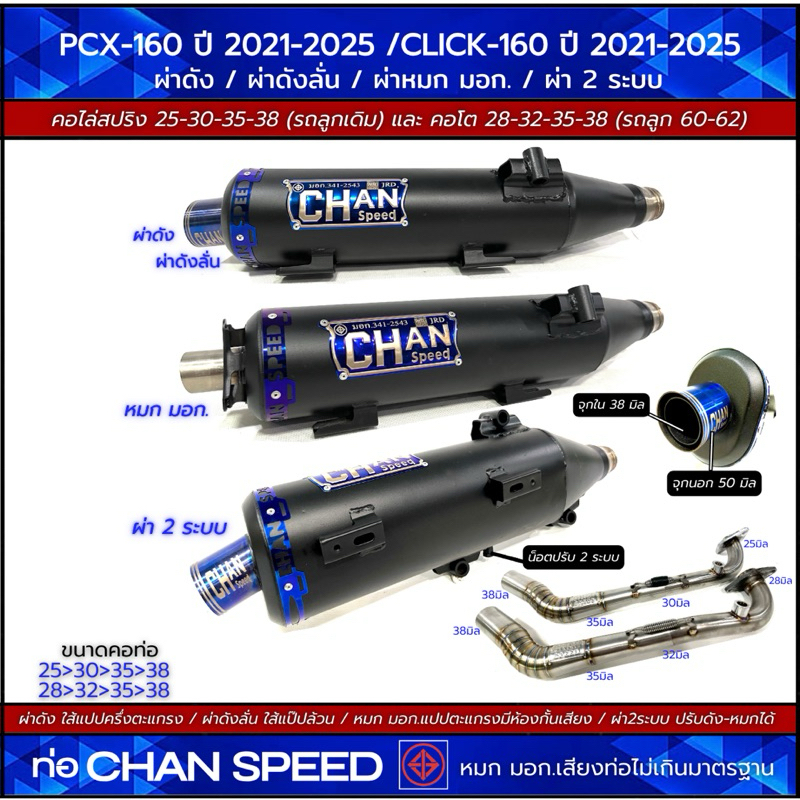 ท่อผ่า ชาญสปีด PCX-160 ปี 2021-2025 / CLICK160 ปี 2021-2025 มีผ่าดัง/หมก มอก./ผ่าลั่น/ผ่า2ระบบ คอไล่