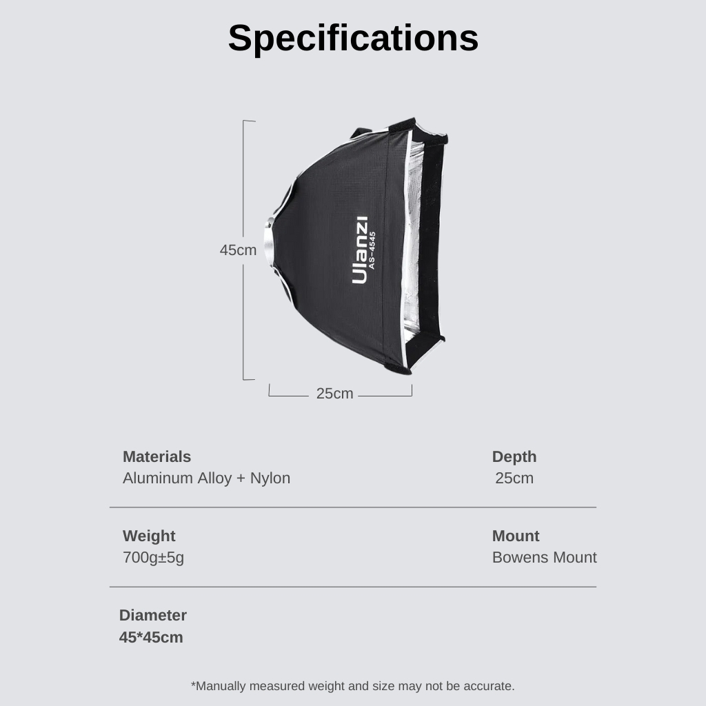 Ulanzi AS-4545 Softbox 45x45CM โคมร่ม 4 เหลี่ยม พร้อมกริด แบบ Bowen Mount สำหรับไฟสตูดิโอ ไฟแฟลช