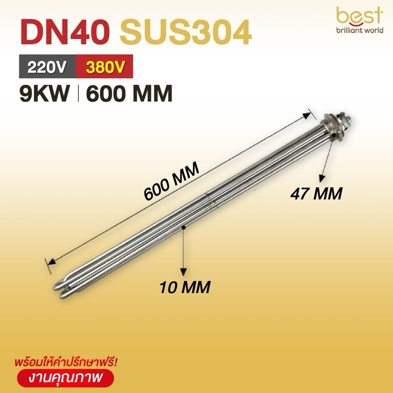 ฮีตเตอร์ต้มน้ำ/ฮีตเตอร์จุ่ม (Immersion Heater) SUS304 9KW 220/380V DN40 (ยาว 600mm)