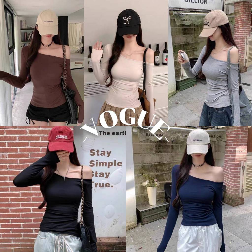Vogue🌟พร้อมส่ง🌟 เสื้อเปิดไหล่แขนยาว ผ้านิ่มทิ้งตัว ยืดตามตัว (FY789)
