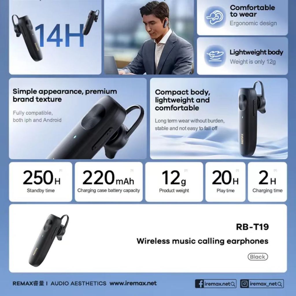 REMAX RB-T19 หูฟังโมโนบลูทูธไร้สาย 5.4 ความจุ 220mAh มีระบบตัดเสียงรบกวน ใช้งานนาน 14ชม.