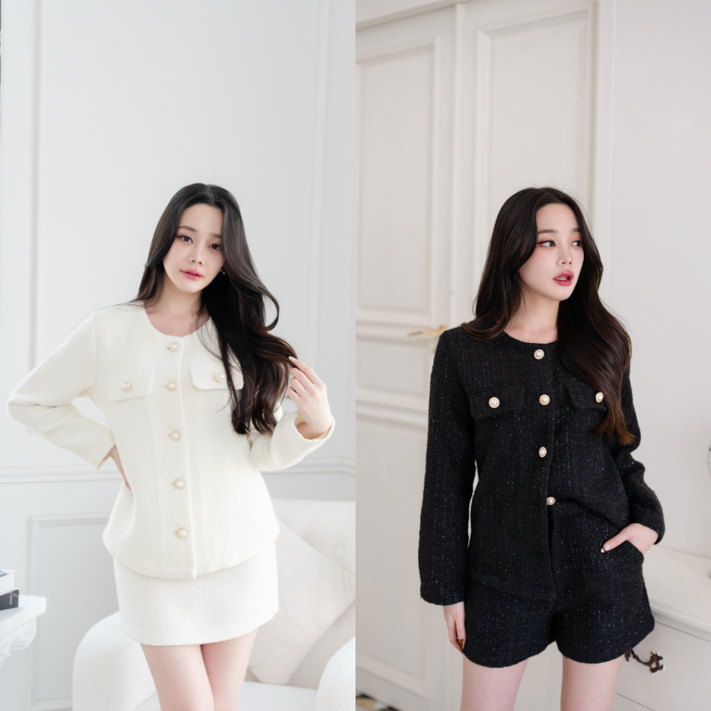 Pirunya - Tweed Blazer 02 เสื้อสูท เบลเซอร์ ผ้าทวีต คอกลม กระดุมมุก แขนยาว