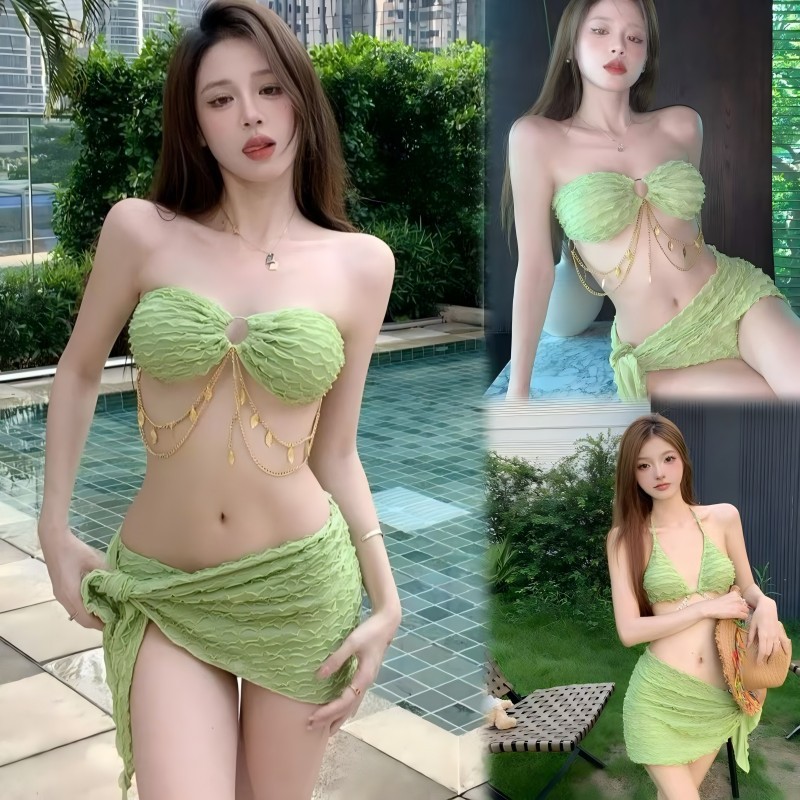 🌸Swift Bra🌸ชุดว่ายน้ำแฟชั่นเกาหลี บิกินี่ 3 ชิ้น สองสไตล์ โซ่โลหะ เกาะอก ผ้าพลีทคุณภาพดี