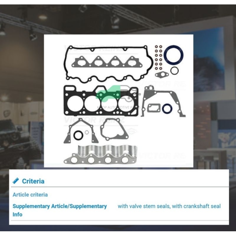 01 53225 02 ปะเก็นชุดใหญ่ (Victor Reinz เยอรมัน) Hyundai G4EK Accent 1.5, 20910-22A00