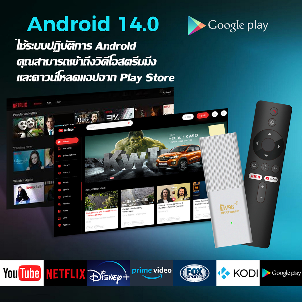 TV Stick 4K 8K แอนดรอยด์ทีวีสติ๊ก Android14.0 รองรับภาษาไทย TV boxรองรับ Netflix/Youtube/Google แอนดรอยด์ทีวี