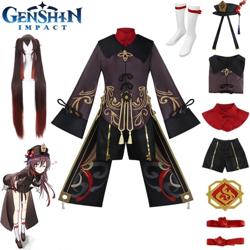 เกม Genshin ผลกระทบ Hu Tao คอสเพลย์เครื่องแต่งกายวิกผมเครื่องแบบจีนฮาโลวีนปาร์ตี้