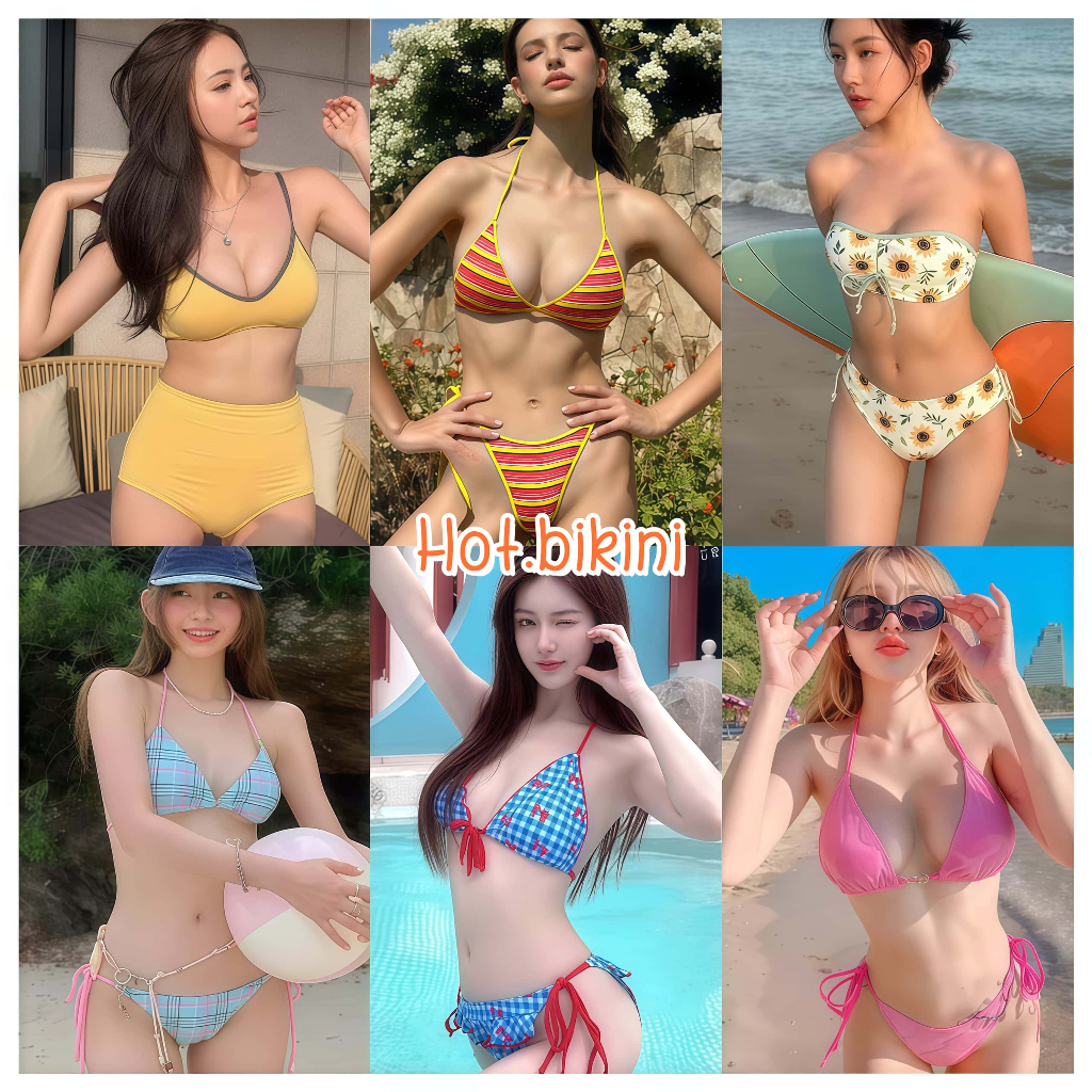 Hot.bikini ส่งไวจากไทย ชุดว่ายน้ำเซ็กซี่ ชุดว่ายน้ำ bikini two piece ผูกคอ มีฟองน้ำ ลายสก๊อต