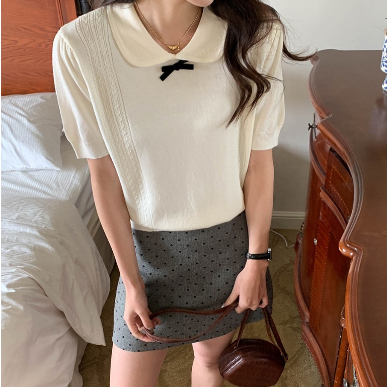 (พร้อมส่ง) Clothestoryy - Kira Polo เสื้อโปโล ปกคอบัว แต่งโบว์
