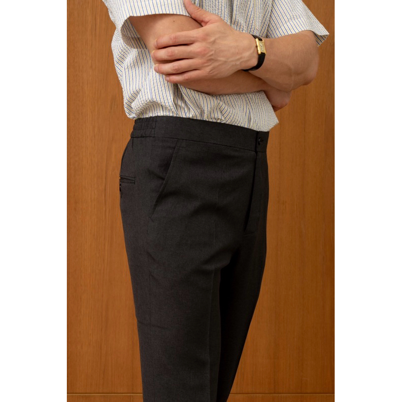 The Finery - The Laguna Elastic Waist Trouser in Ash Grey กางเกงทำงาน เอวยางยืด ผูกเชือก ผู้ชายสีเทาเข้ม