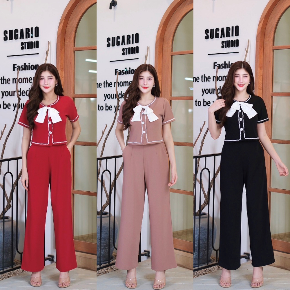 พร้อมส่ง ชุดเซตยาวผ้าวูลเวฟ เสื้อคอกลมแต่งกุ้นแต่งโบว์หน้ากระดุมหน้า+กางเกงเอวเรียบสม็อคหลังมีกระเป๋