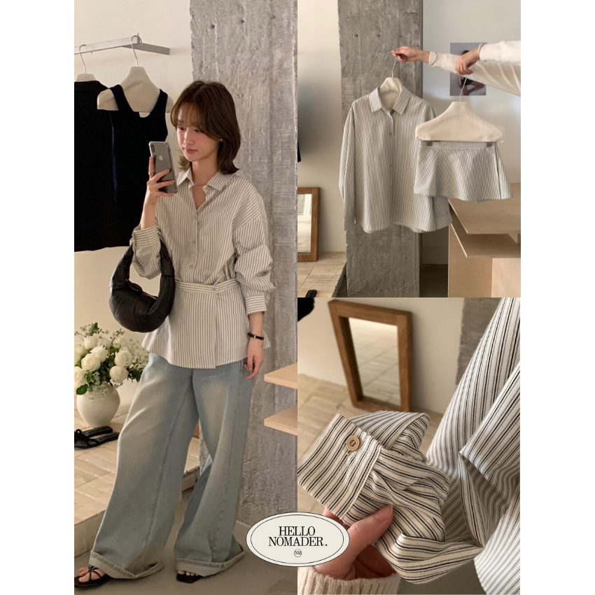 NOMADE.& พร้อมส่ง Busy woman Shirt {เสื้อเชิ้ตลายทาง+ผ้ากันเปื้อน}