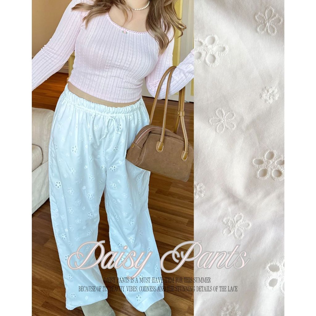 Daisy Pants กางเกงผ้าฉลุลูกไม้ สาวอวบ เอว 30"-40" ซับในทั้งตัว - clarine_bkk