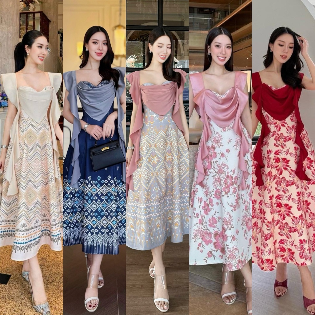 🚩ร้านโค้ดคุ้ม🚩 ATHENA เดรสลายไทย อกดีเทลผ้าจับจีบแต่งริ้ว สวย หรู ใส่ออกงาน งานบุญ งานบวช