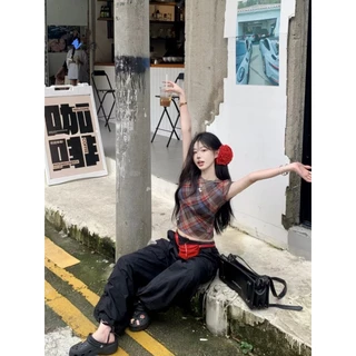 Cicishop(H8812) เสื้อแขนสั้นผ้าซีทรู ลายสก๊อต ดีเทลจั้มเอว ผ้ายืดใส่สบาย สไตล์สาวแซ่บ