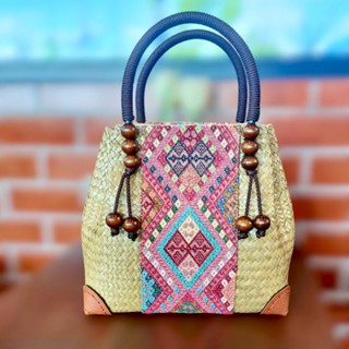 M กระเป๋ากระจูดสาน บุผ้า ปากซิบ size M ขนาด กว้าง9xสูง8 นิ้ว…