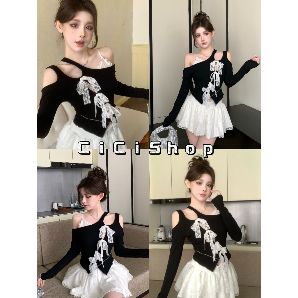 Cicishop(SALE J1561) !!ย้ำ!! มีตำหนิ/สีตก เสื้อแขนยาวแนวทแยง ดีเทลโบว์ลูกไม้ ผ้าเรยอน แฟชั่นสไตล์เกาหลี