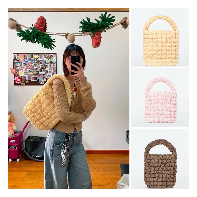(พร้อมส่ง) กระเป๋า Cos Quilted Mini Tote สี Light Pink/Light Yellow/Dark Mole ของแท้100%