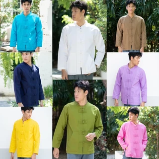 เสื้อผ้าฝ้ายพื้นเมือง ผ้าชินมัย คอจีนแขนยาวกระดุมแต่งเดินลาย