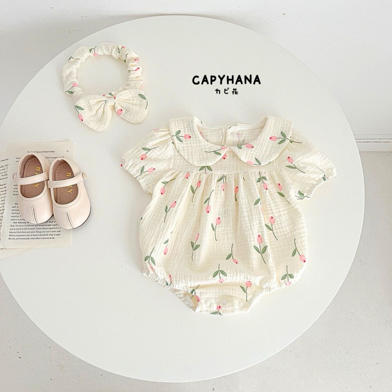 CAPYHANA ชุดเด็กทารกหญิง สไตล์คุณหนู น่ารักหวานๆ ผ้ามัสลินCotton100 (ดอกไม้ครีม)