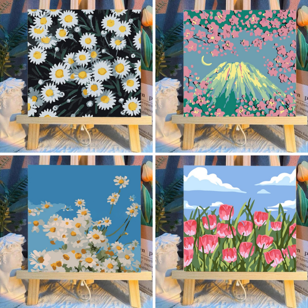 ส่งมอบทันที 20X20ซม ภาพระบายสีตามตัวเลข ของขวัญ DIY ขึงเฟรมไม้พร้อมอุปกรณ์ ฝึกสมาธิ ภาพวาดสีน้ำมันดิจิตอลใส่กรอบ