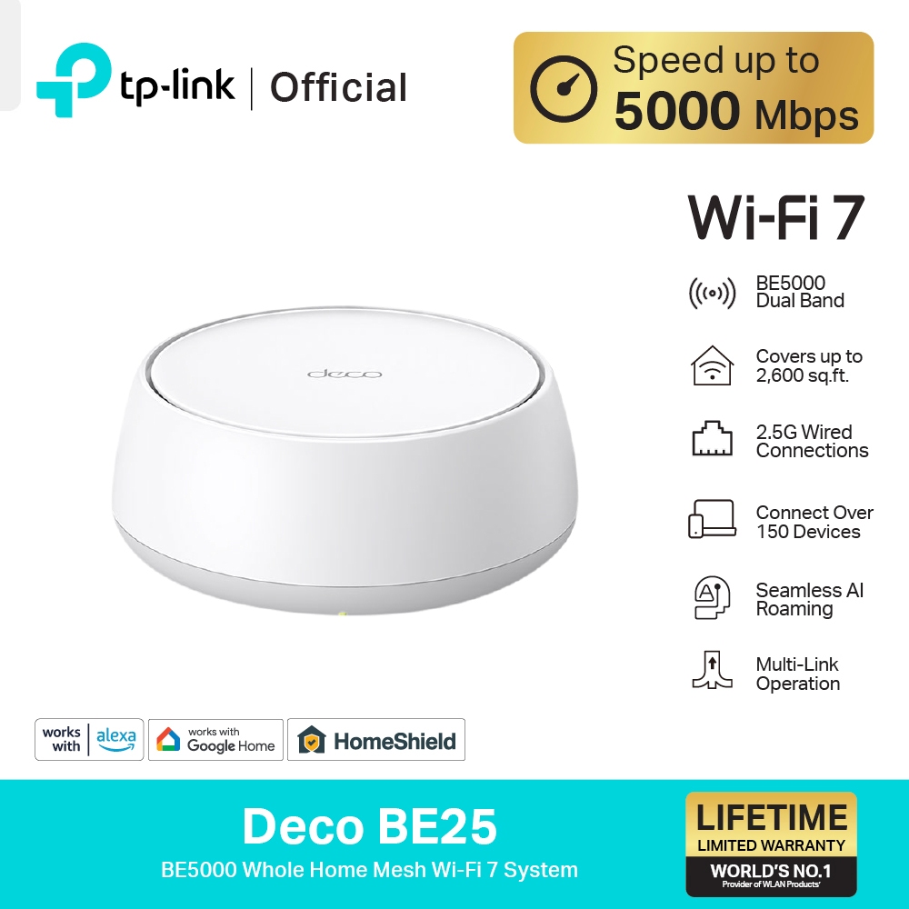 TP-Link Deco BE25 ไวไฟ7 BE5000 Whole Home Mesh Wi-Fi 7 System ใน 1 กล่องมี 1, 2 