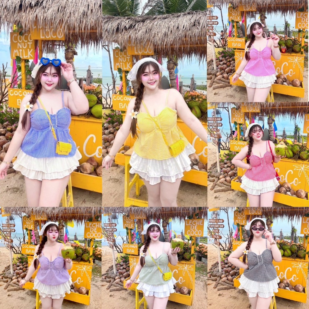 NT982 เสื้อสก็อตสายเดี่ยวอกแต่งกระดุมปั๊มสาวอวบ (รุ่นเฟรชชี่)