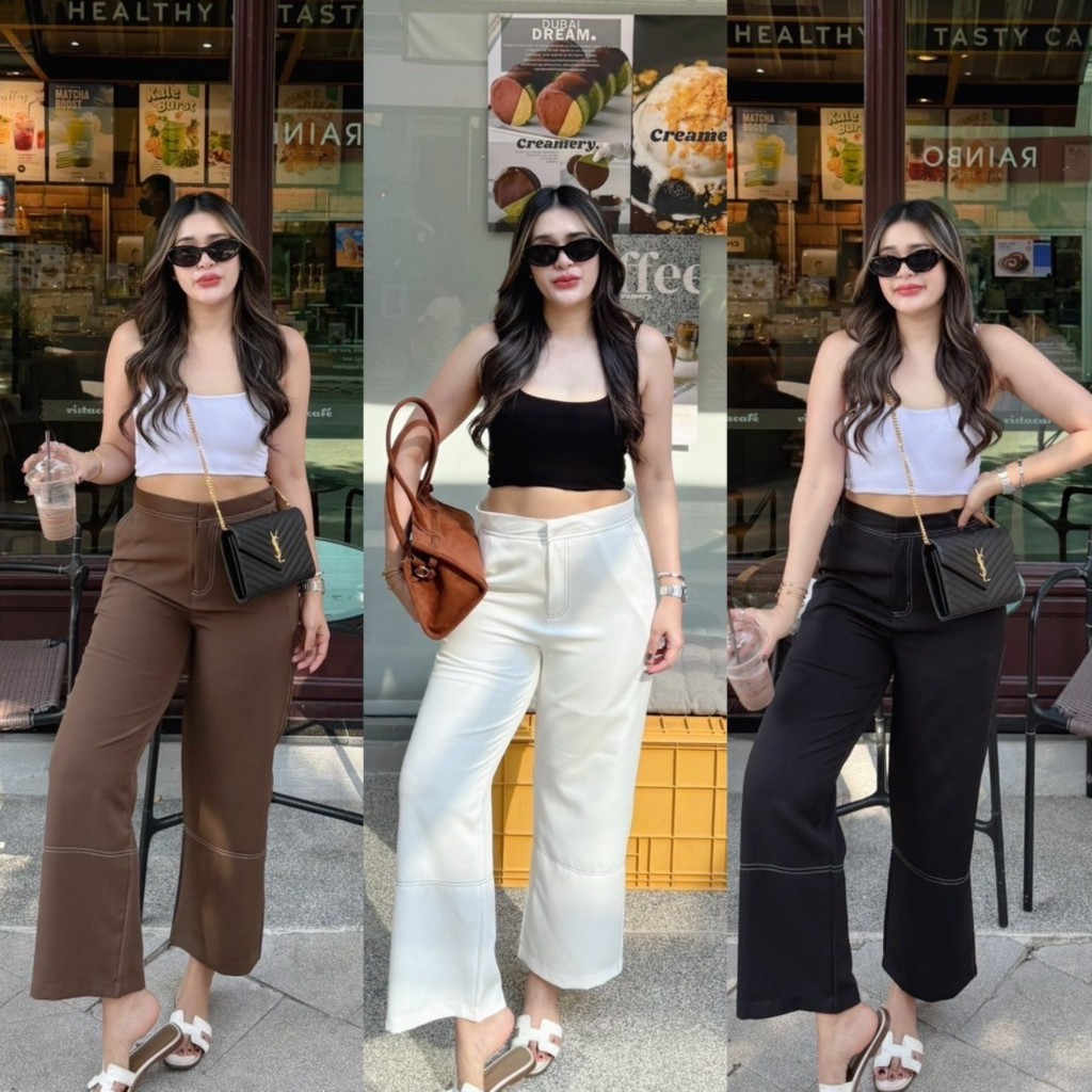 Henny pants กางเกงขายาวเอวสูง แต่งกุ้น (ผ้าเปเป้) มีSize S-3XL AOMMKOSHOP - P222
