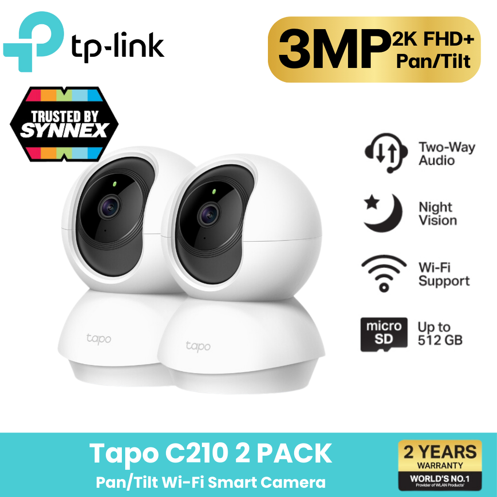 TP-Link Tapo C210 [แพ็คคู่สุดคุ้ม] Home Security Wi-Fi Camera 2K กล้องวงจรปิดไร้สาย ปรับมุมหมุนได้ 360° ความละเอียด 3 MP