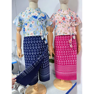 ชุดไทยเด็กเสื้อผ้าใยกัญชงลายดอกไม้+กระโปรงกางเกง