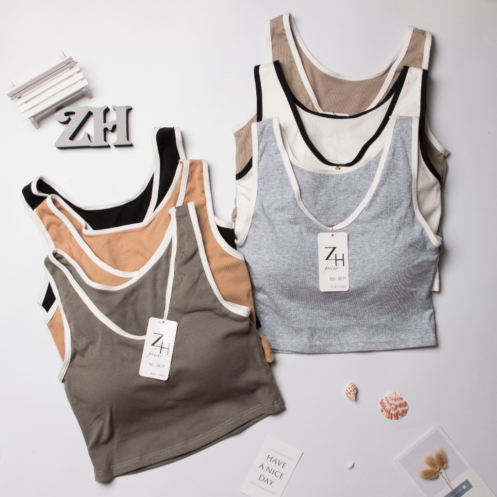 ZH.3815 เสื้อครอปงานผ้าฝ้ายฟองน้ำในตัว เสื้อกล้ามเอวลอยสินค้าพร้องส่ง