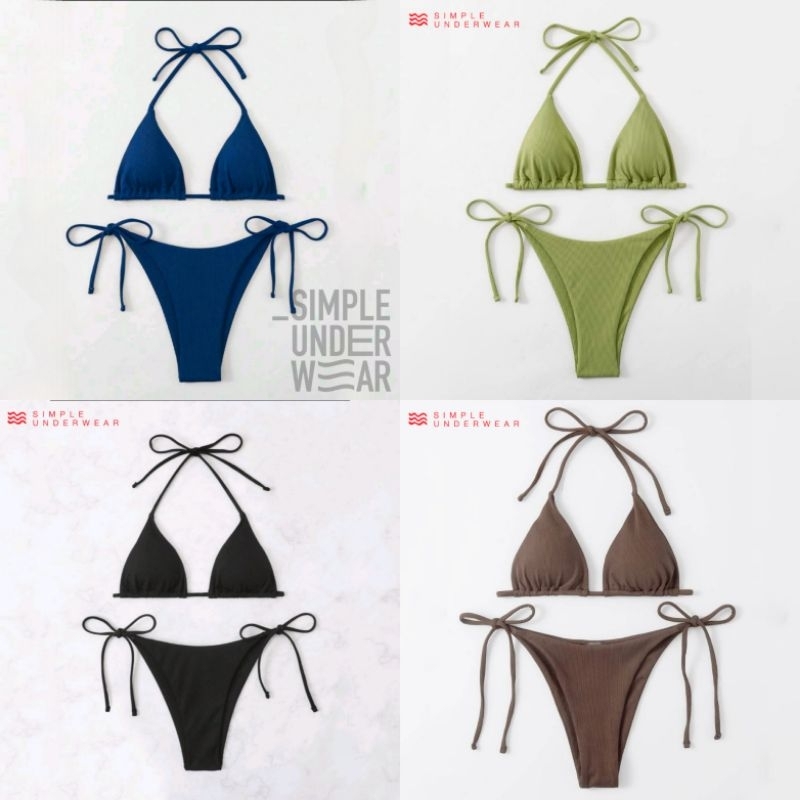 161 Simple Underwear bikini ชุดว่ายน้ำบิกินี่ สีพื้น สามเหลี่ยมผูกคอ ผูกด้านข้าง