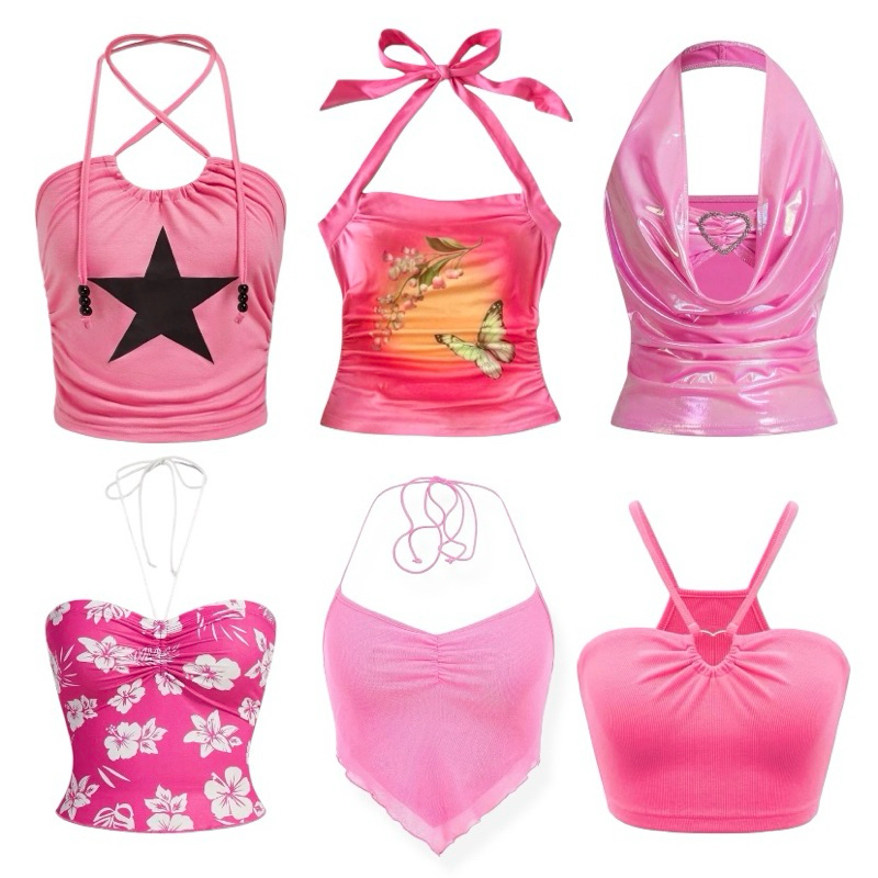 (พร้อมส่ง) สีชมพู เสื้อสายเดี่ยว แฟชั่นสำหรับผู้หญิง  R0712