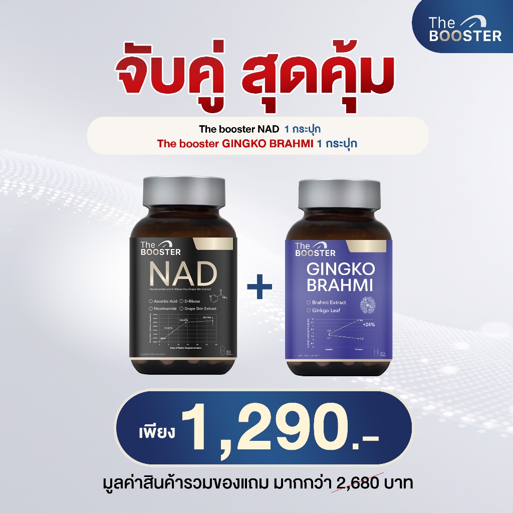 [เซ็ตจับคู่สุดคุ้ม] The Booster NAD + Gingko Brahmi บูสต์เอนเนอร์จี้ บำรุงสมอง หลับสนิท ฟื้นฟูพลังงาน