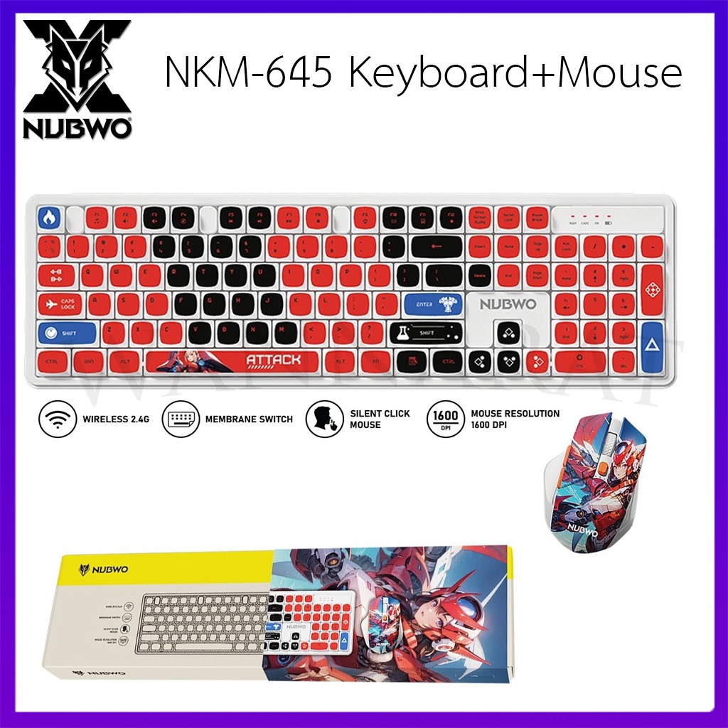 Nubwo NKM-645 Keyboard+Mouse Wireless RubberDomeSwitch แป้นพิมพ์ชุดเมาส์คีย์บอร์ดไร้สาย (Red Cyborg)