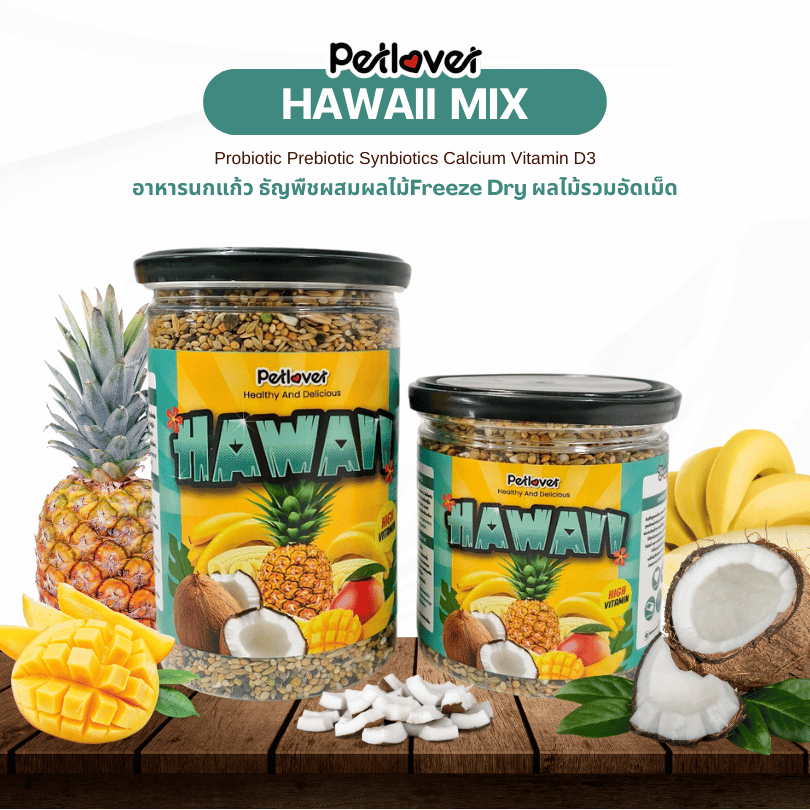 Hawaii Mix อาหารนกแก้ว ผสมผลไม้ฟรีซดราย สูตรพรีเมี่ยม สำหรับนกขนาดเล็ก - กลาง (กระปุก 300G / 500G)