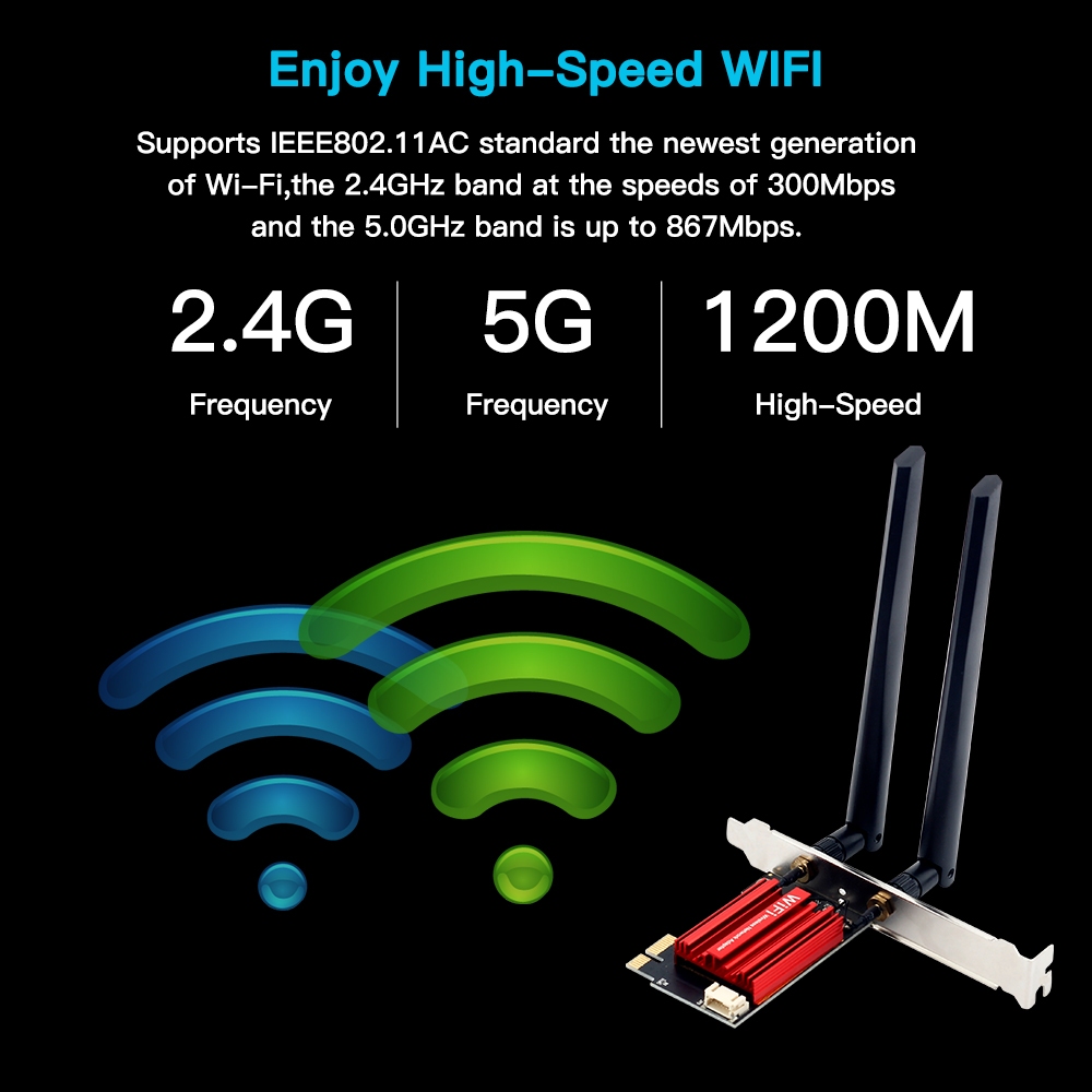 WiFi 5 PCI-E อะแดปเตอร์ไร้สาย AC1200 การ์ดเครือข่ายแบบ Dual Band 2.4G / 5GHz 802.11AC สำหรับ Bluetooth 4.0 เดสก์ท็อป Win