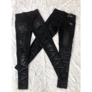 กางเกงยีนส์ขาเดฟผ้ายืดสีดำฟอก ปะขาด5จุด