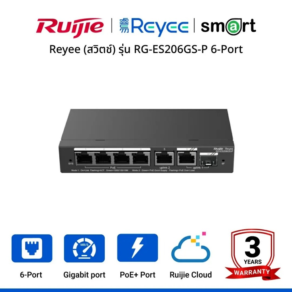 Reyee (สวิตช์) รุ่น RG-ES206GS-P 6-Port Gigabit Smart Cloud Managed PoE Switch