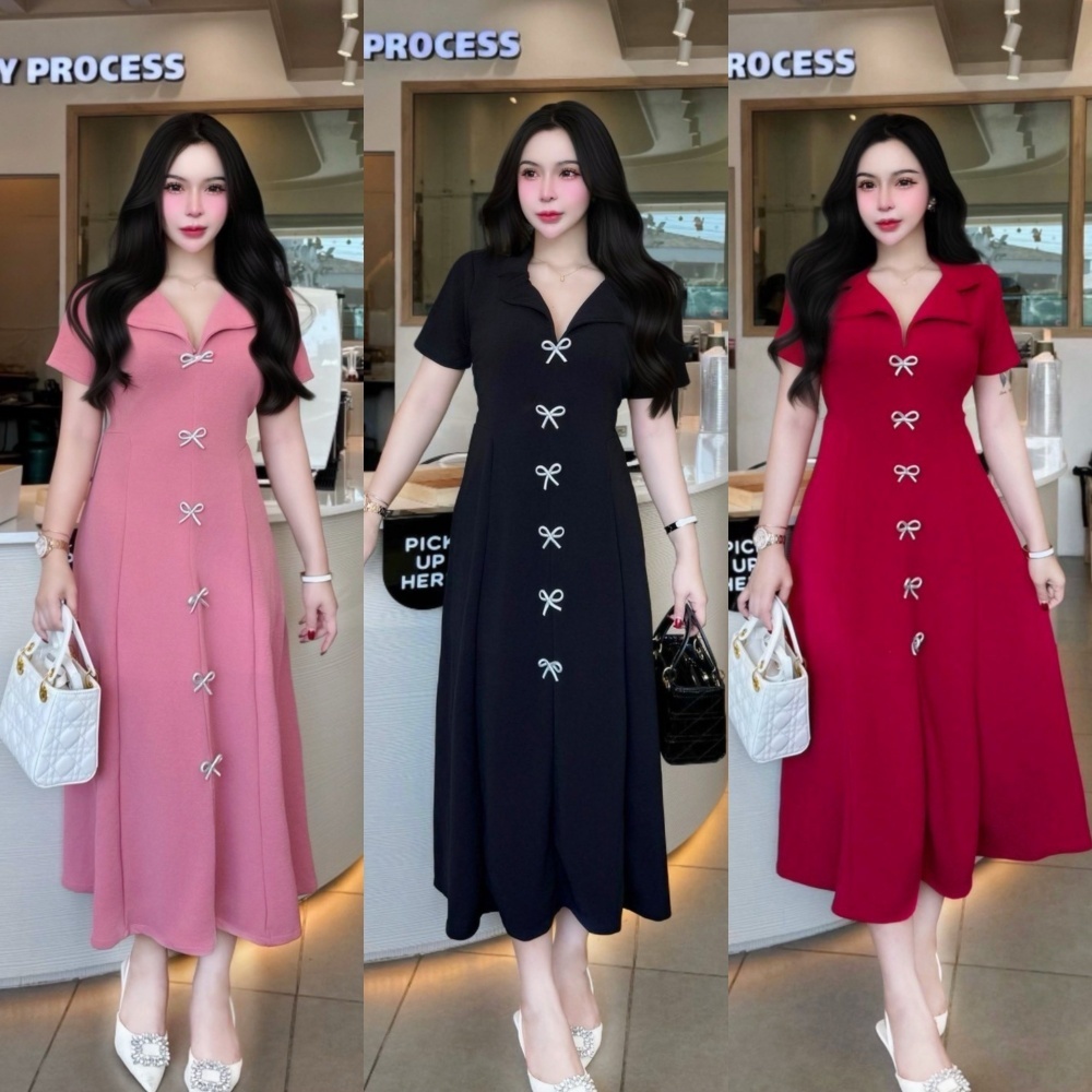 เดรสยาวผ้าวูลเวฟคอปกแต่งโบว์เพชรซิปหลังพร้อมสายผูกเอว  A4589