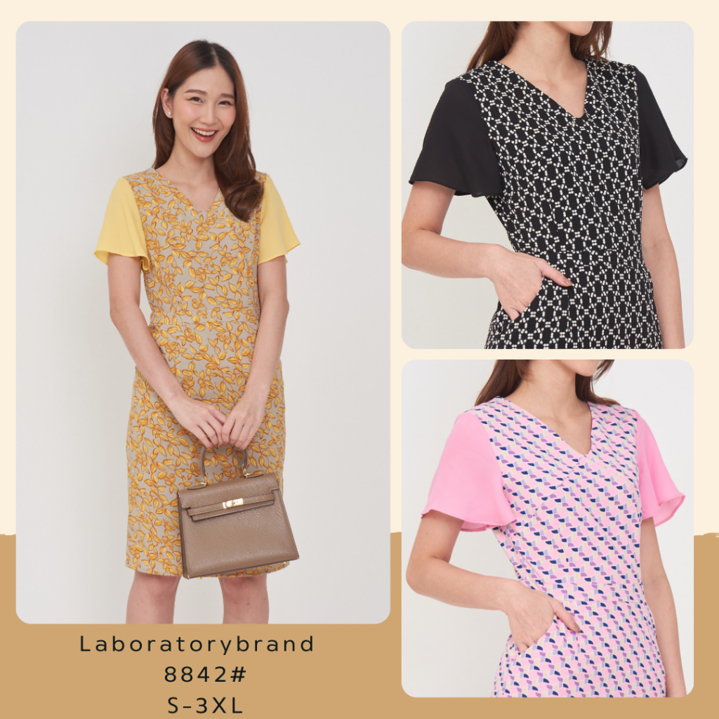 *Laboratory* 8842# เดรสคอวีต่ออก ผ้าพิมพ์ลาย แขนระบายชีฟอง