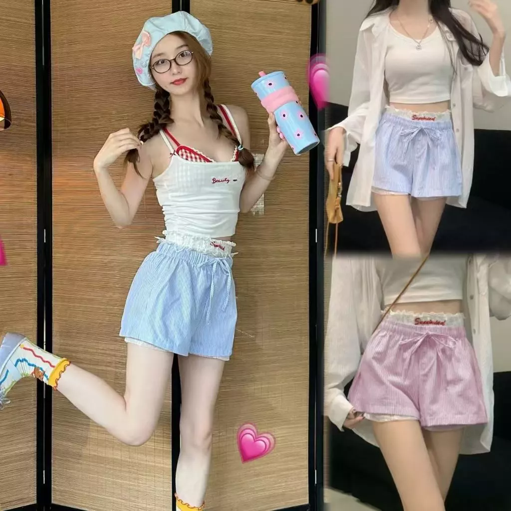 🌸พร้อ​มส่ง🌸กางเกงขาสั้นผู้หญิง ลายทาง เเต่งกระดุม เอวยางยืด ผ้ายืดหยุ่น ใหม่ กางเกงขาสั้นลายทาง