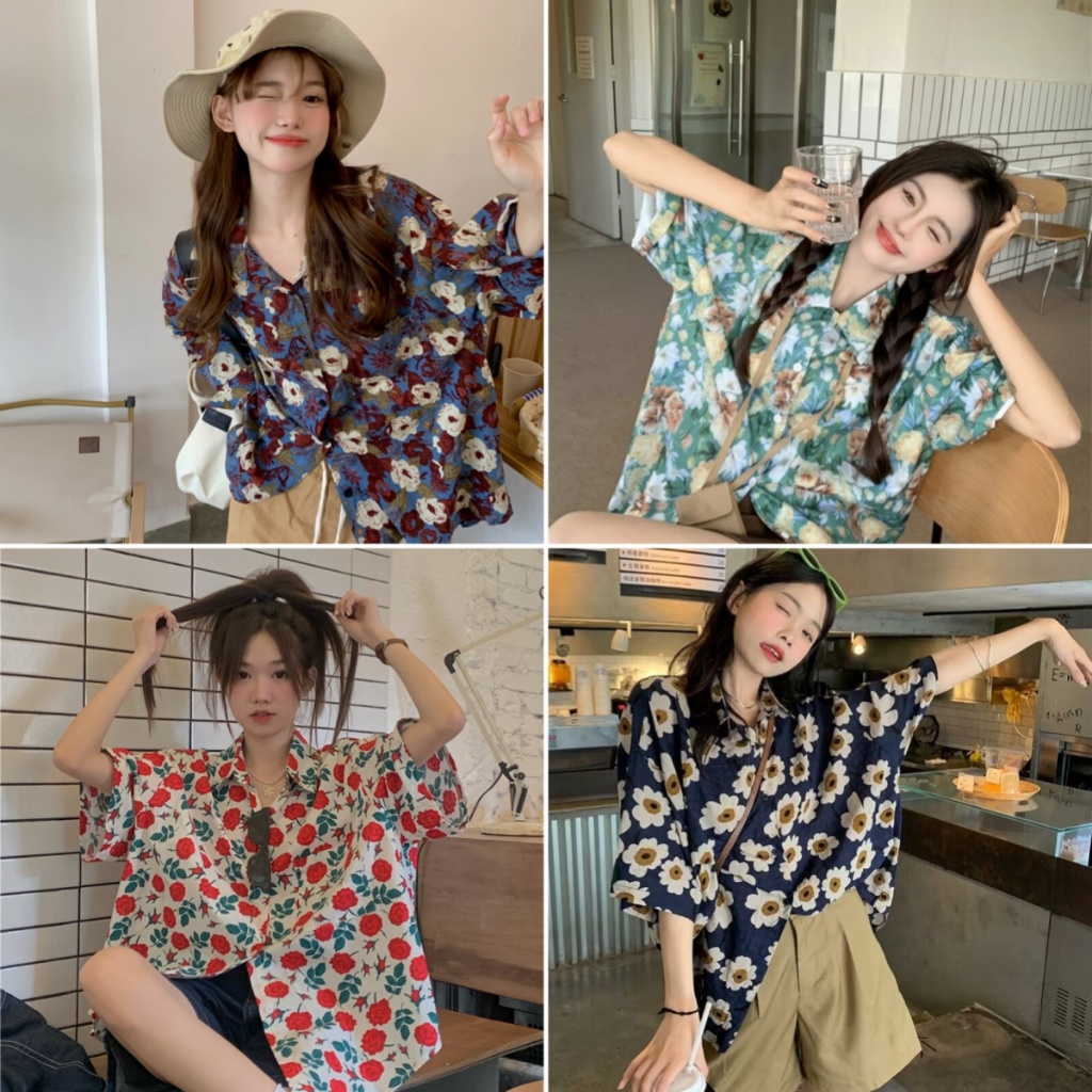 Beryl 🌻 เสื้อเชิ้ตผู้หญิงแขนสั้นหลวมลายดอกไม้ย้อนยุค เสื้อเชิ้ตแขนสั้นลำลองช่วงวันหยุดฤดูร้อน