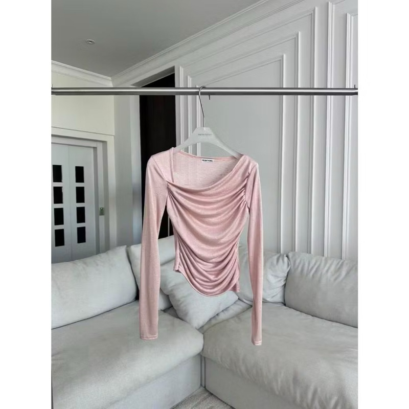 PT068 เสื้อสลาฟแต่งคอเฉียงแขนยาวย่นข้าง PROMTHONG (สีชมพู)