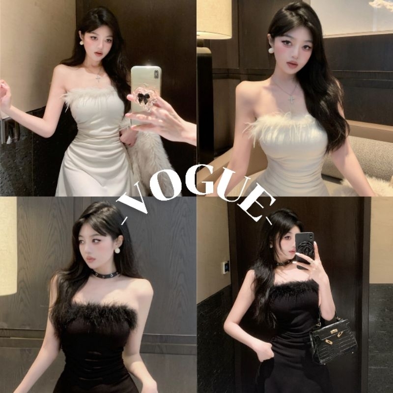 Vogue🌟พร้อมส่ง🌟 มินิเดรว แต่งขนมุ้งมิ้งที่อก ปลายปล่อยสีพื้น (FY2768)